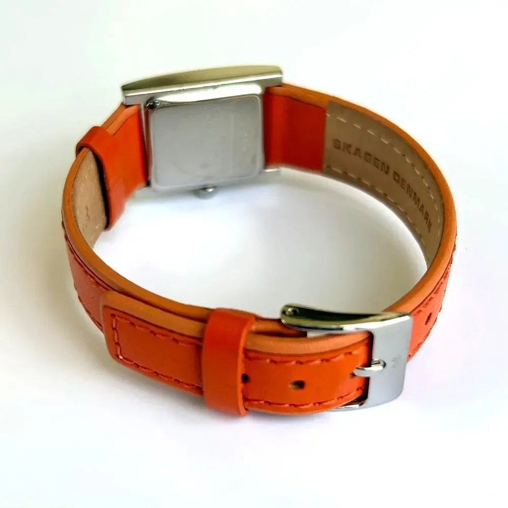 Skagen Denmark Square Watch Mother of Pearl Orange Leather Strap 2000s Vintage - Picture 5 of 14